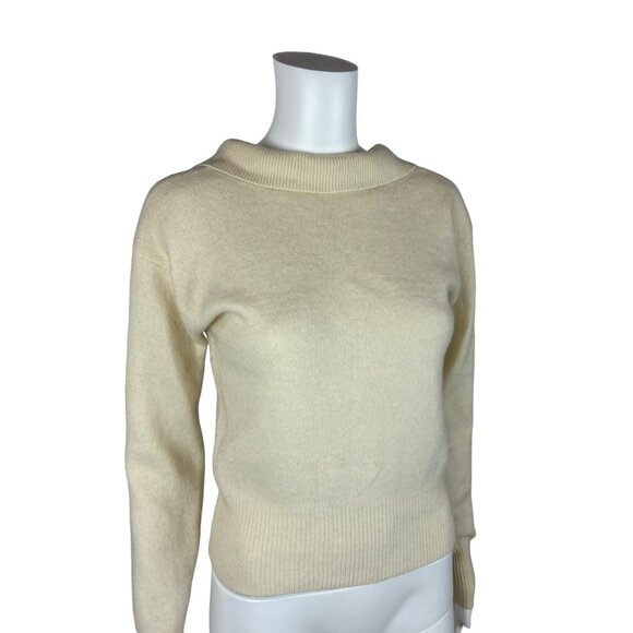 Vintage 80s Wool Sweater Women's Small Cream Collared Back Lambswool Angora Pull - Picture 3 of 9